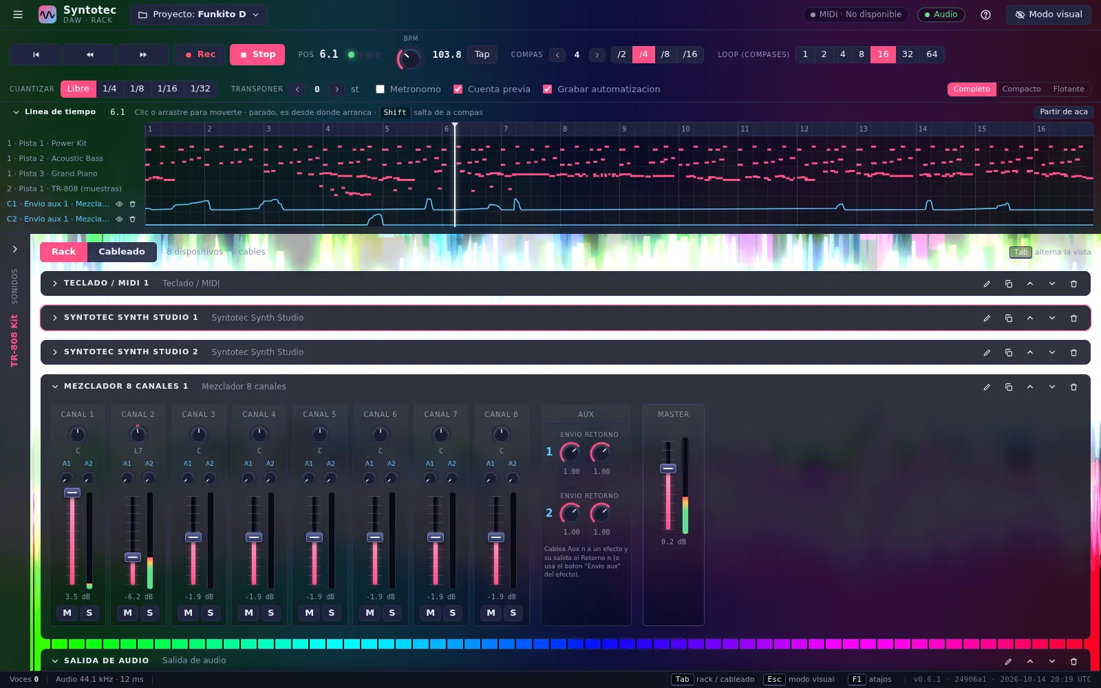 Syntotec con el proyecto Funkito D: rack con dos sintetizadores, mezclador y efectos, y la línea de tiempo con las pistas
